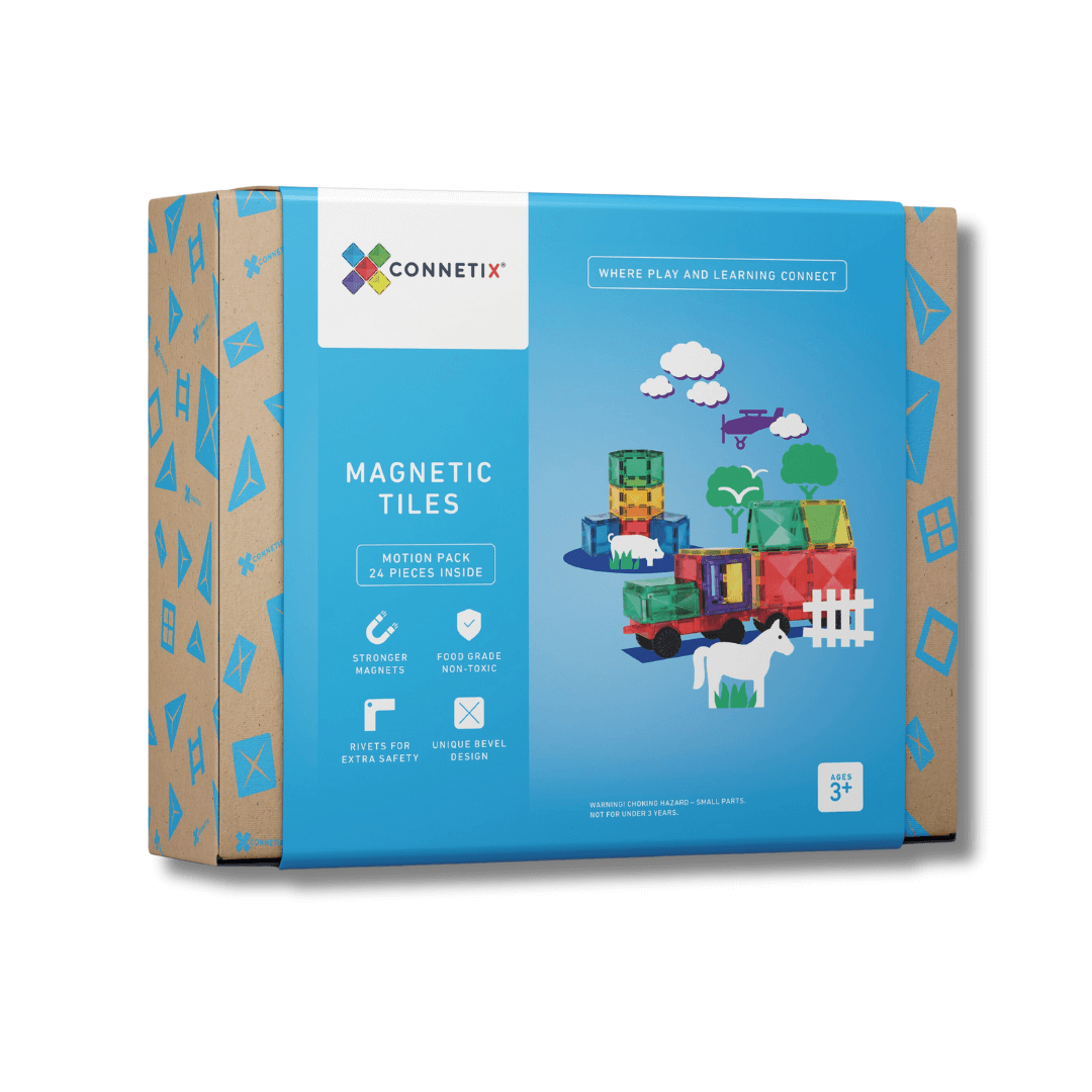 connetix 24 piece car pack cardboard box with a light blue cover