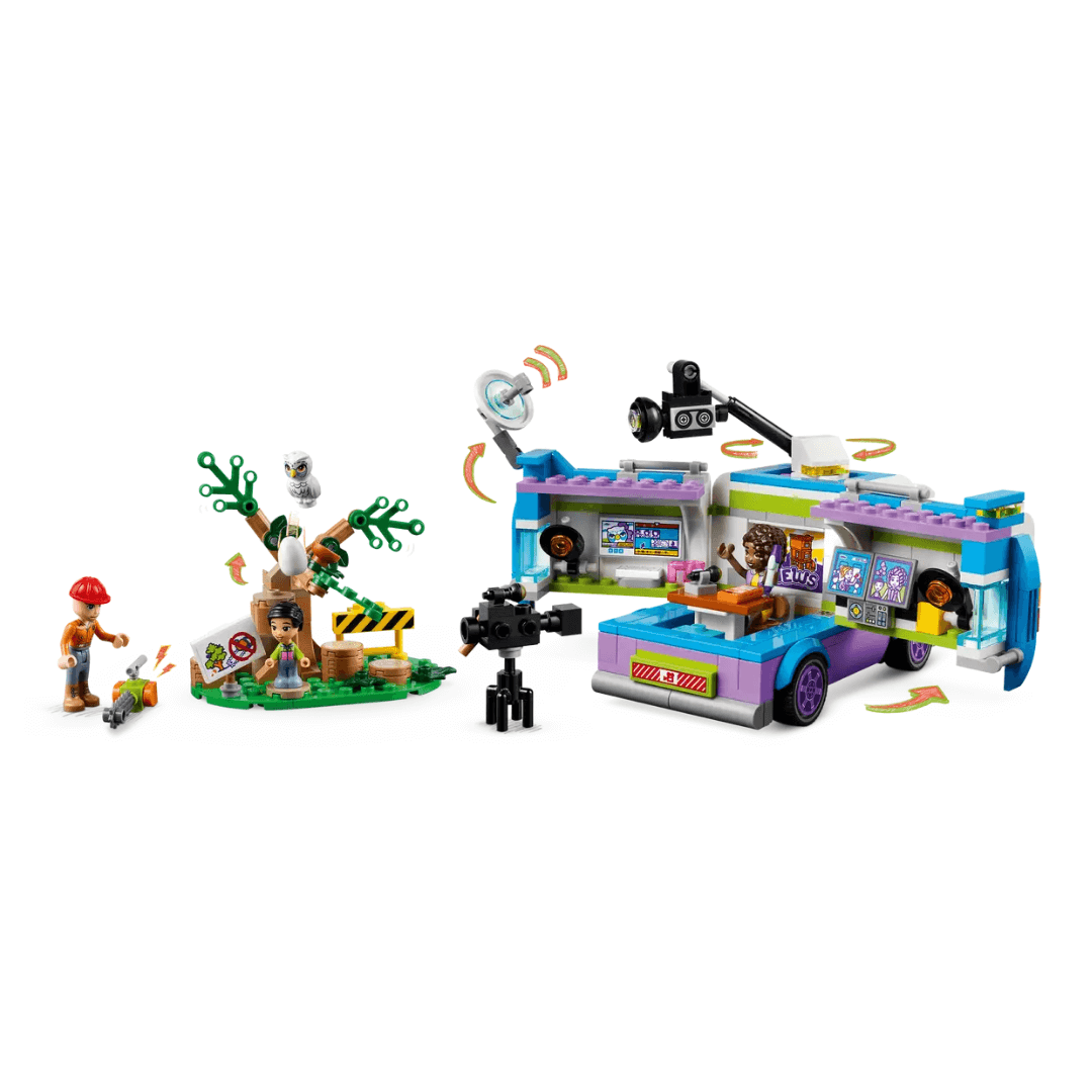 41749 Lego Friends Newsroom Van Built Set. Open Van With Television Accessories. Video Camera, Speakers And Microphone. Character Inside With Music. Seen Next To Van, Two Characters In A Working Set With Camera Pointed At Them. A Tree And Yellow/Black Striped Warning Sign Are Also Included. A Small Owl Sits On Top Of Tree.