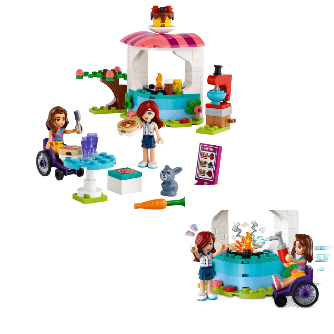 41753 Lego Friends Pancake Shop, Built Set, Small Pink Gazebo Adorned With Flowers With Cooking Stove And Flame. 2 Girls, One Serving Other Sitting In Wheel Chair Around Small Table. Small Bunny With Carrot Next To Pink PAncake Menu.