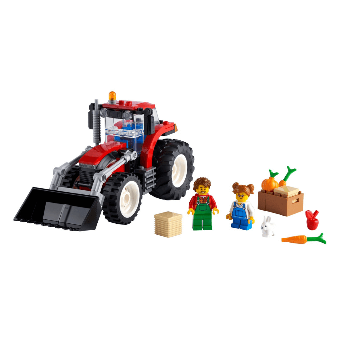 60287 lego city tractor red and black with hay, carrots, fruit box and rabbit