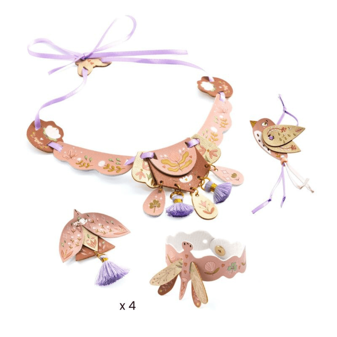 Djeco bird theme jewellery making kit sample end product at Toyworld lismore