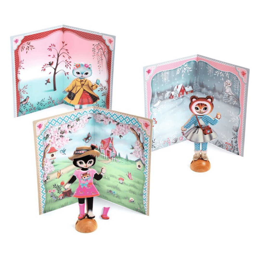 Djeco dress up cats with paper dresses kit showng sample at toyworld lismore