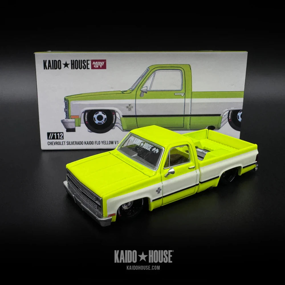 my-toykingdom-Mini-GT-1:64-Chevrolet-Silverado-Kaido-House-Flo-Yellow-V1