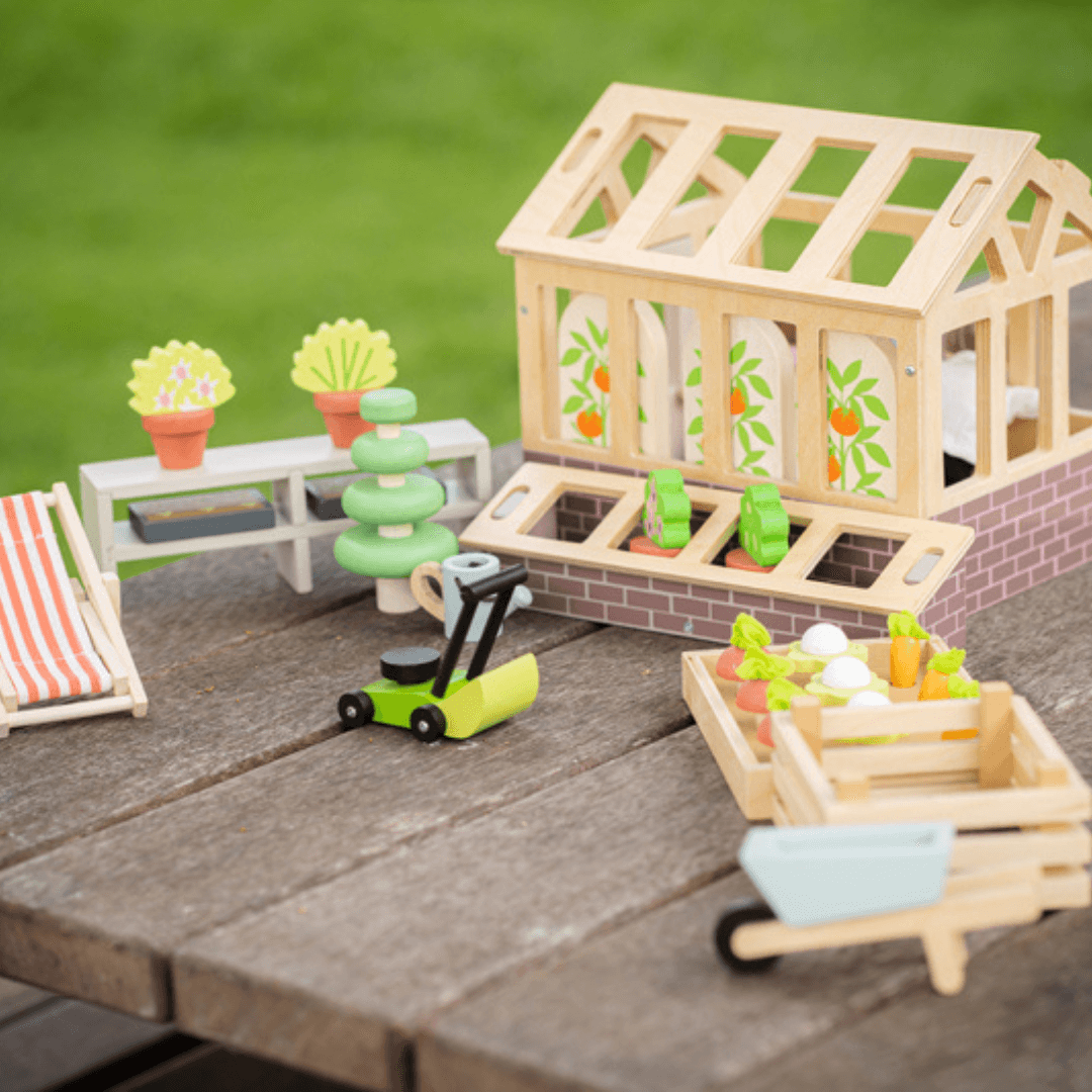 tender leaf garden and greenhouse set with wheel barrow and lawn mower toyworld lismore