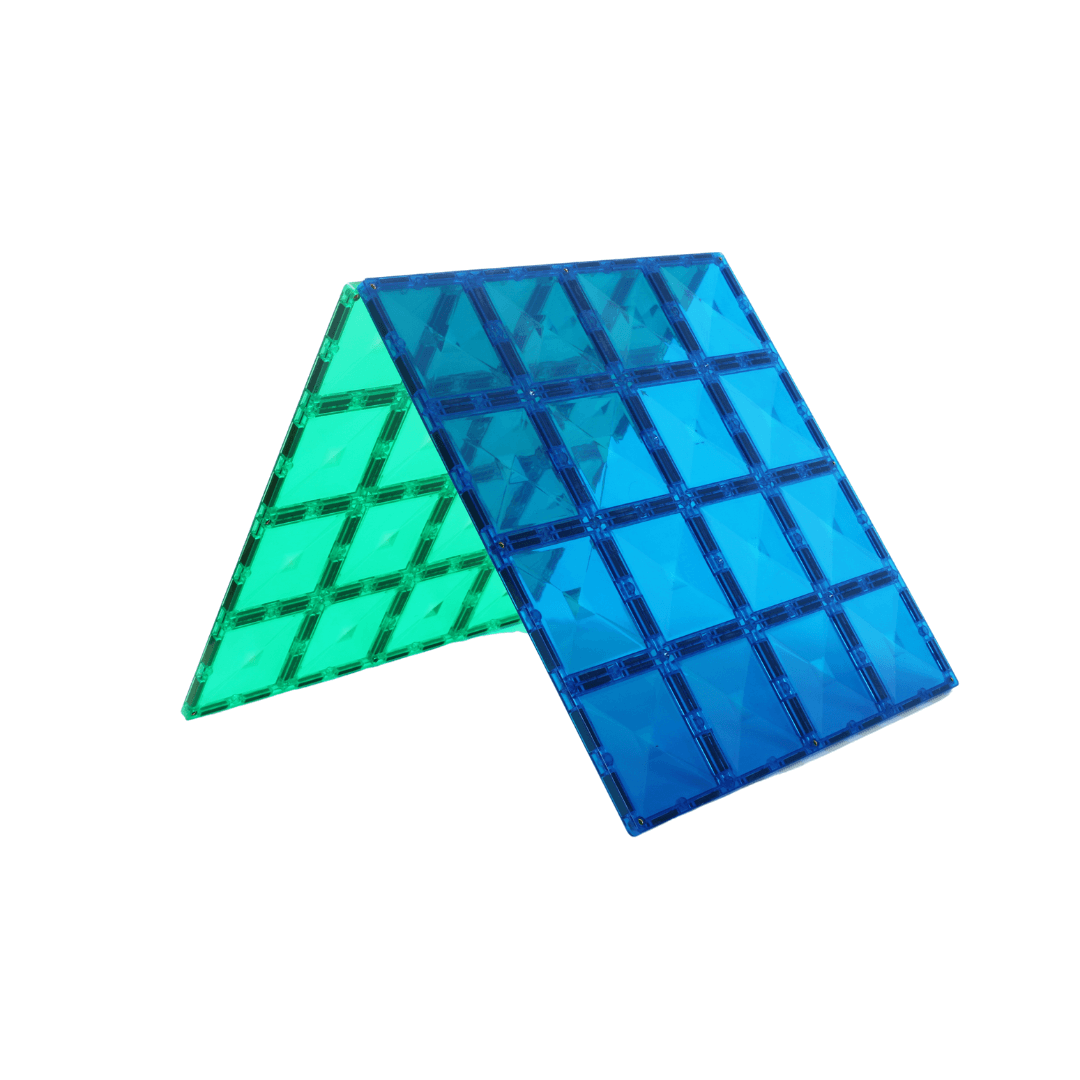 connetix base plate 1 green and 1 blue picutred leaning against each other like a roof