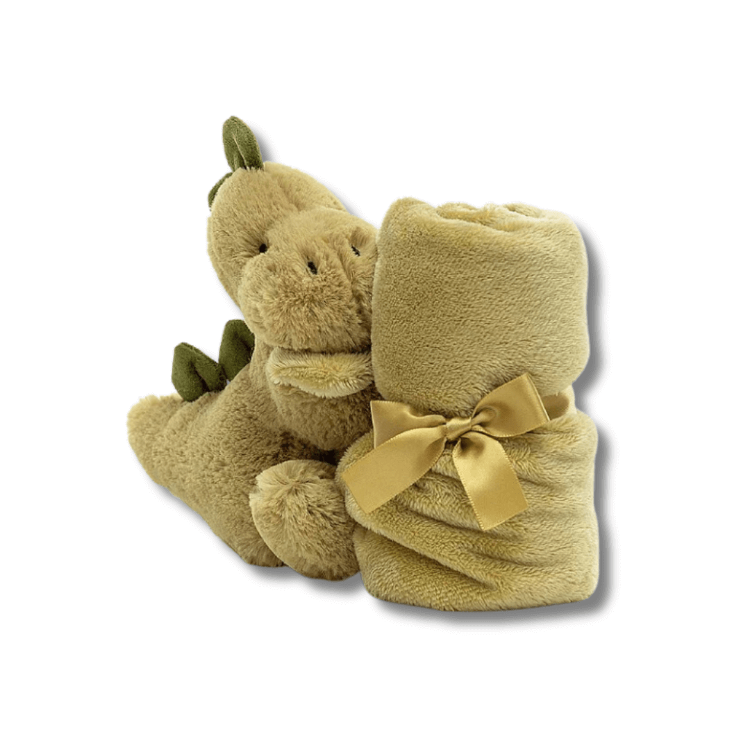 jellycat small green dinosaur character holding a small soft rug with ribbon