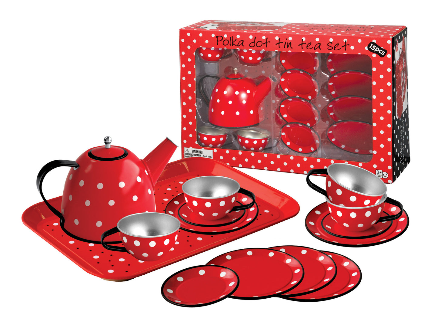 Tea Set Tin Red Polka Dot Black Trim