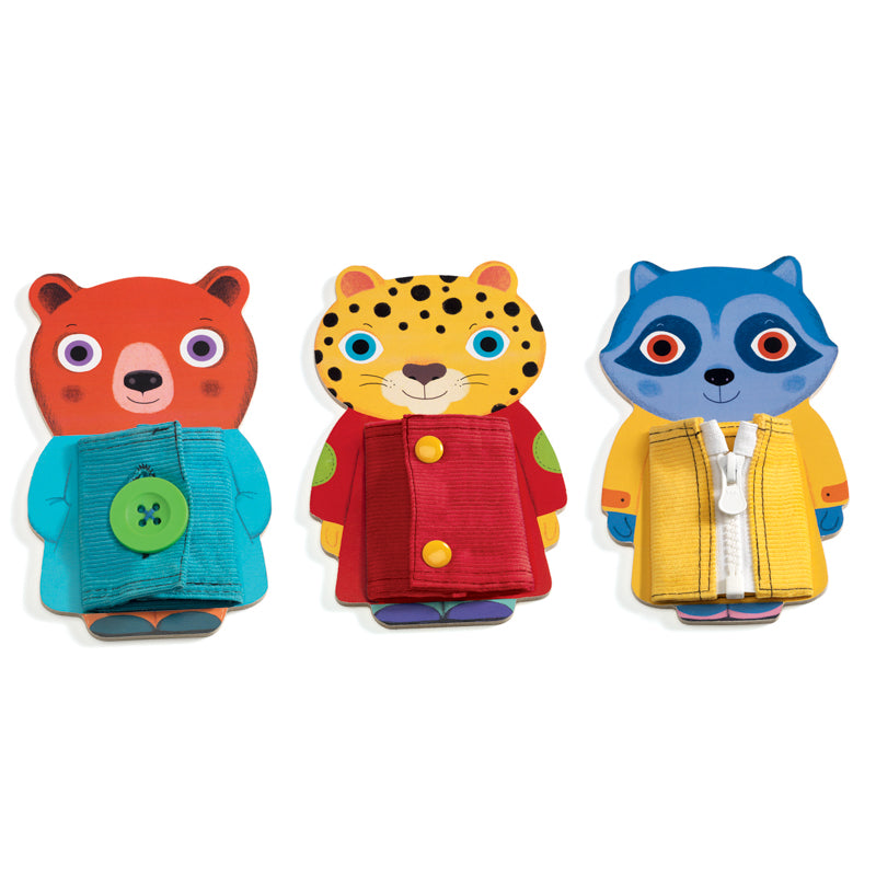 wooden characters with zips, clips and buttons to explore