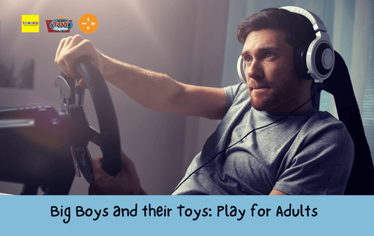 Young man around 30 years old with headphones on playing a video game with a steering wheel controller. Big boys toys. Play for Adults.