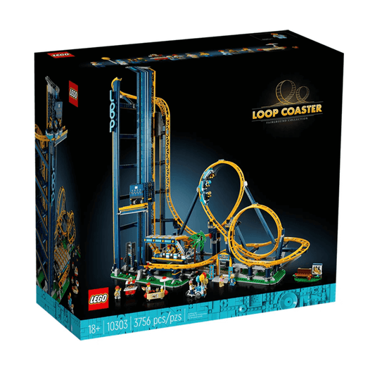 10303 lego loop coaster blue and yellow roller coaster with theme park like accessories and minifigures box packaging 