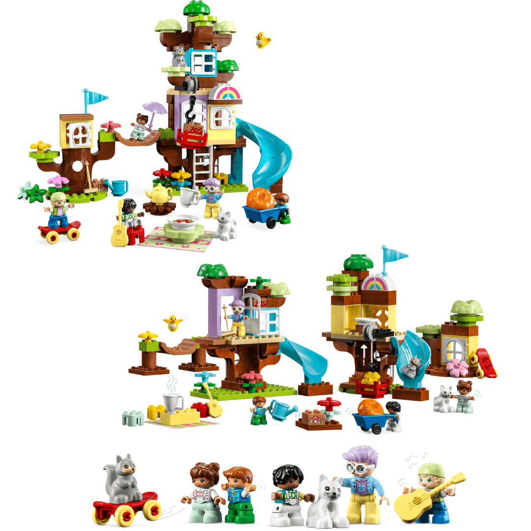 10993 Duplo 3in1 Treehouse Built Set. Two Sections Connected By Hanging Wooden Bridge. Larger Section Adorned With Doors And Windows And A Blue Slide From Top To Bottom. Smaller Section Has  Single Yellow Window With Blue Flag On Top. 5 Characters Included, 4 Children, One Adult, One Cat And Squirrel.