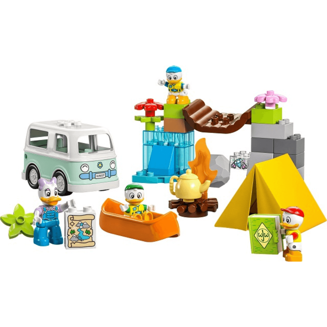 10997 Duplo Camping Adventure Built Set, Mickey And Friends, Green Combi Van, Camp Fire, Yellow Tent With Orange Canoe Or Kayak