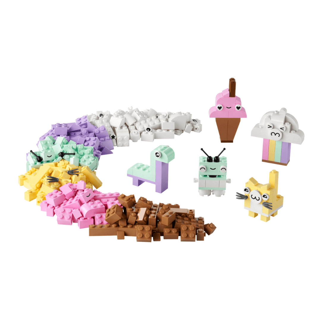11028 lego creative classic box with pastel peices image of pieces with suggestied builds, white, purple, aqua, pink, yellow and brown pieces