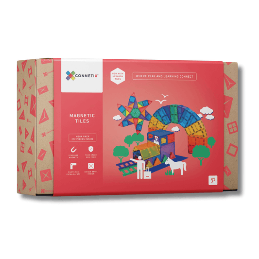connetix 212 piece mega pack carboard box with red cardboard cover advertising build suggestions