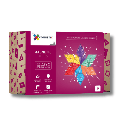 connetix geometry set 30 piece pacaking cardboard box with rasberry coloured cover 