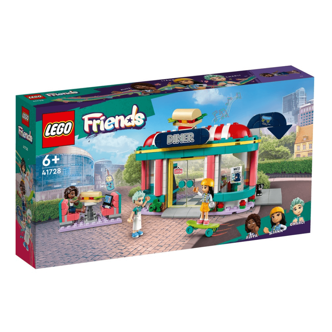41728 lego friends diner set - building with burger on top with characters and a skateboard