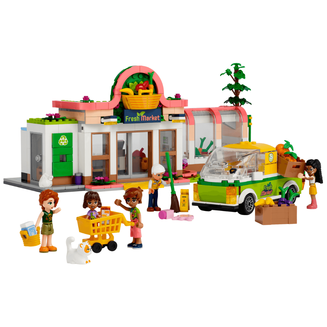 41729 lego friends organic grocery store building with a fruit basket on the top, with a delivery truck and characters with trolleys built suggestion