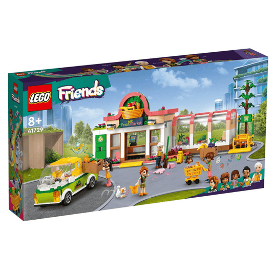 41729 lego friends organic grocery store building with a fruit basket on the top, with a delivery truck and characters with trolleys