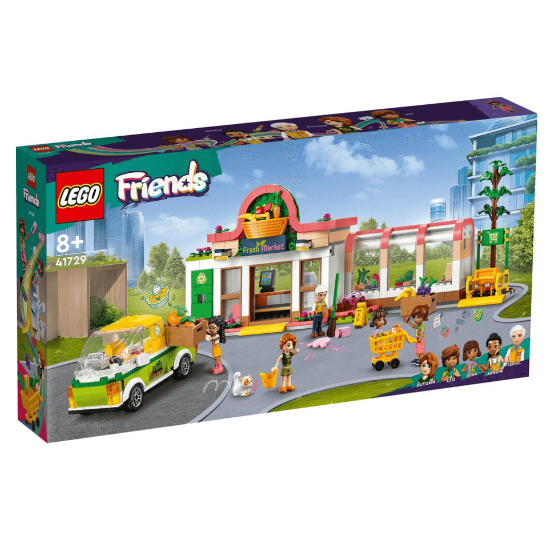 41729 lego friends organic grocery store building with a fruit basket on the top, with a delivery truck and characters with trolleys