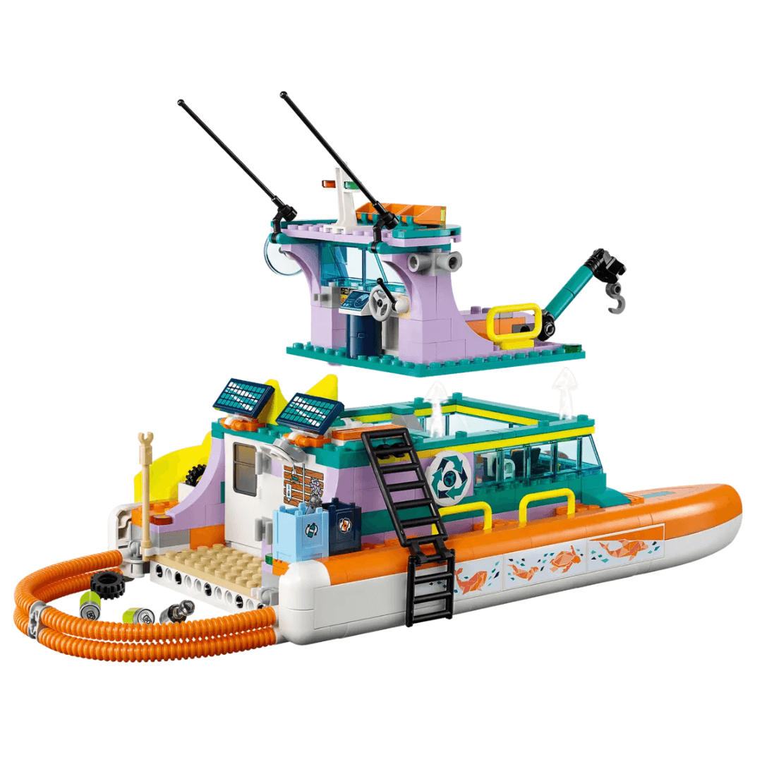 41734 Lego Friends Sea Rescue Boar Built Set. Orange, Blue And Purple Boat Full Of Marine Equiptment. Walkie Talkies, Ladders, Solar Panels, Antennas, Lights And Pulley Sstem.  Set Comes With 4 Characters, Seacreatures And An Underwater Buggy. 