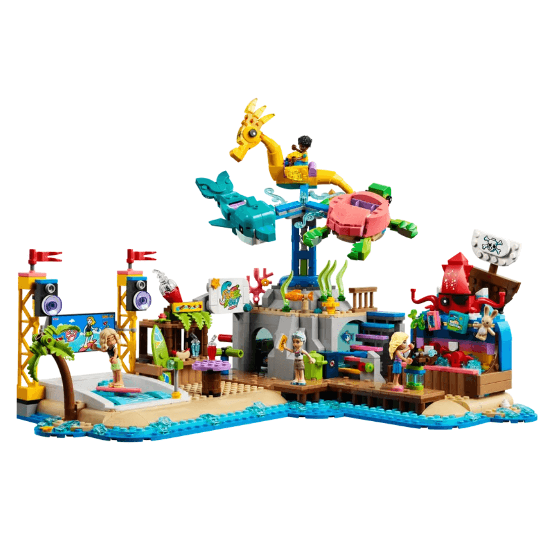 41737 Lego Friends Beach Amusement Park Built Set. Large Ride With A Seahorse, Dolphin And Turtle As the Carts. Raibow Stairs Leading From The Ride To The  Park. A Wave Pool In One Corner A Carnival Game In The Opposite Corner Park Is On The Beach And Is Surrounded With Sand And Water. 4 Characters Included.