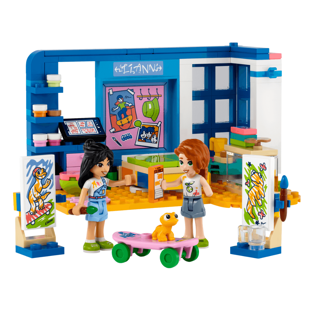 lego friends lianns room, blue room with 2 character with a skateboard and geko