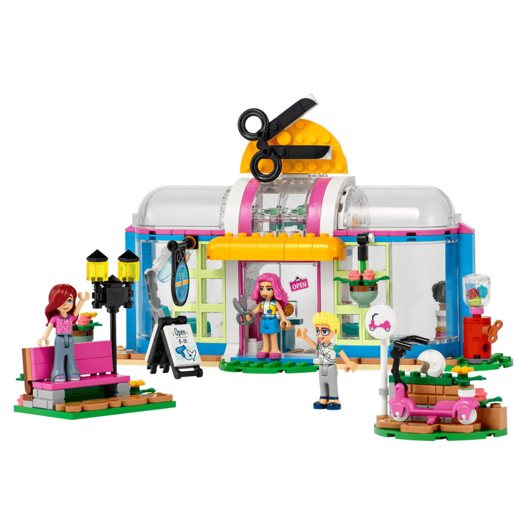 Lego friends set hair salon, building with scissors on the top with a scooter and characters build suggestion