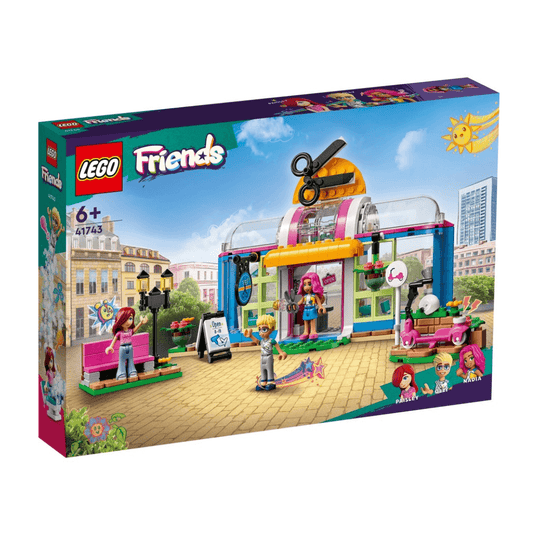 Lego friends set hair salon, building with scissors on the top with a scooter and characters box packaging