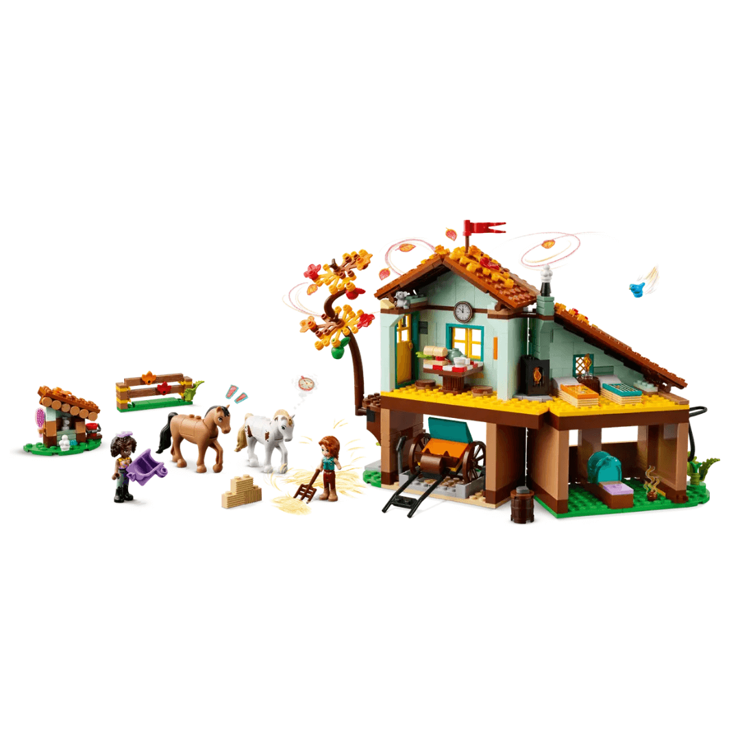 41745 Lego Friends Aiutumns Horse Stable Built Set, Two Story Open Stable, Orange Autumn Tree, 2 Horses With Accessories, 2 Girl Riders Holding Rake And Grooming Tool