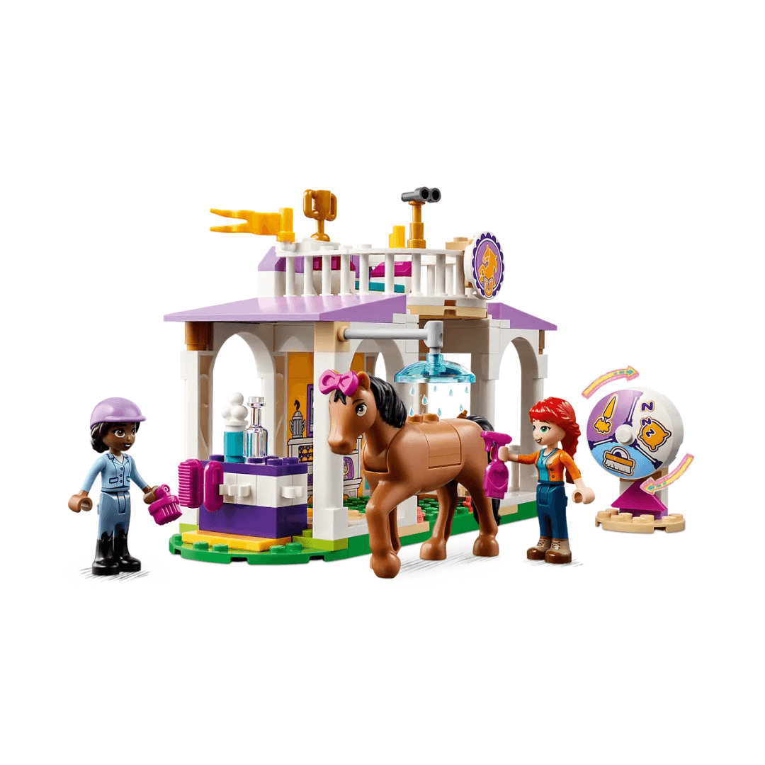 41746 Lego Friends Horse Training Built Set, Small Purple Open Building With Shower, Brushes, Bows, Binoculars And A Trophy. Two Girl Caretakers, One with A Spray Bottle, One Wearing A Helmet
