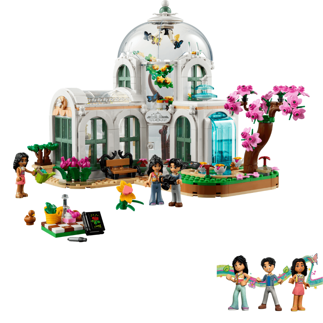 41757 Lego Friends Botanical Garden Built Set. White Building With Large Glass Dome. Large Tree With Yellow Flowers ANd Coloured Butterflies Seen Inside The Dome. The Front Of The Building Is Adorned With White Arched Windows. An Assortment Of Park Benches, Trees, And Flowers Surround A Little Pond. 3 Characters Are Included, Seen Taking Photographs And Watering Plants