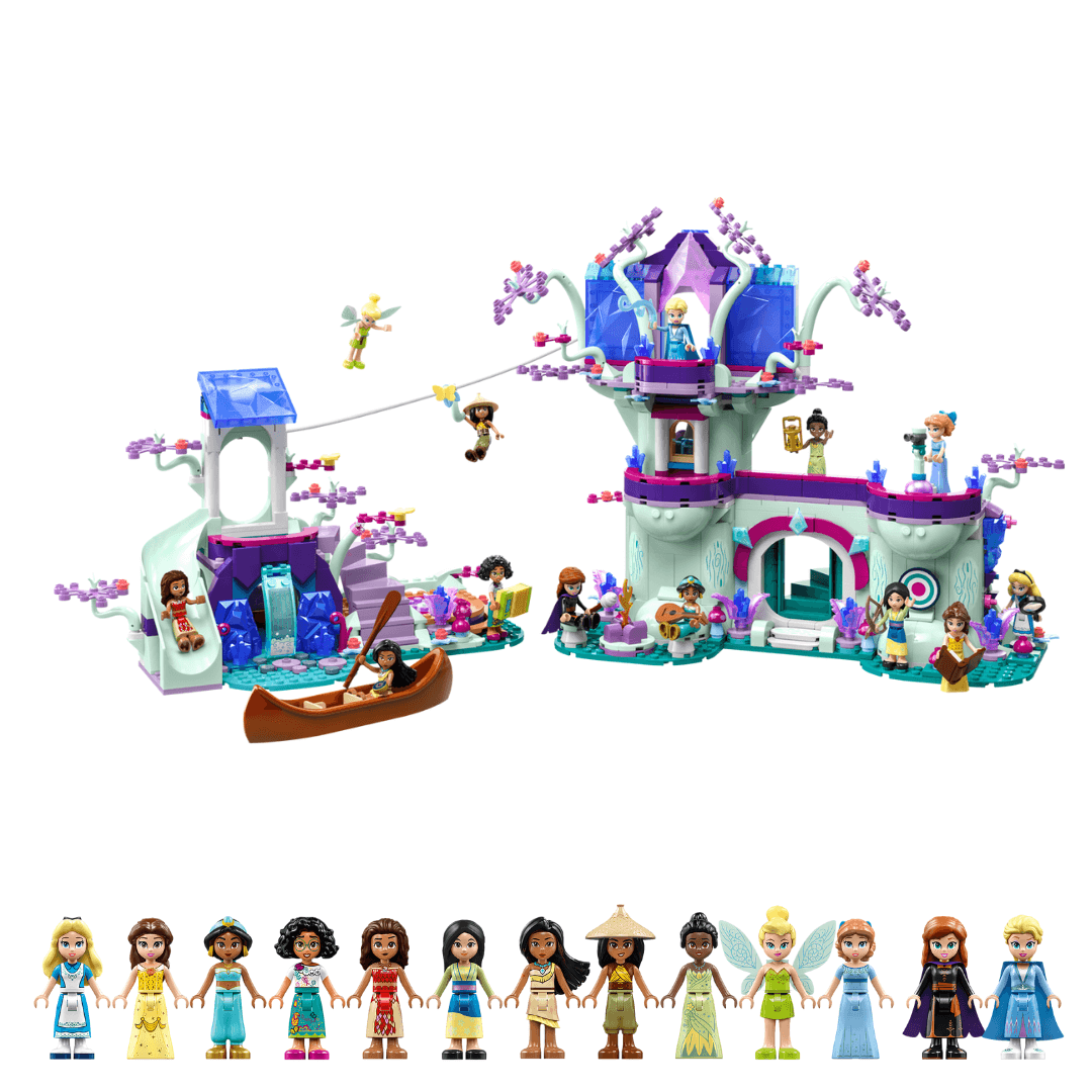 43215 Lego Disney The Enchanted Treehouse Built Set. A Pink Purple And Blue Treehouse In Two Sections, Large And Small, Connected By A Zipline. Adorned With Purple Trees. All Classic Disney Characters Are Included. Alice, Belle, Jasmine, Moana, Tinkerbell, Elsa And More. All Seen Doing Various Activities Around The Base Of Treehouse.