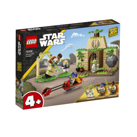 75358 Lego Starwars Tenoo Jedi Temple Front Of Packaged Box. Featuring Small Rock Temple Adorned With Vines. Smaller rock Structure Close By With Droid And Floating Figure. Yoda Pictured At Temple Entrance  Holding Green Light Sabor. Blue Character Riding Red Hovercraft