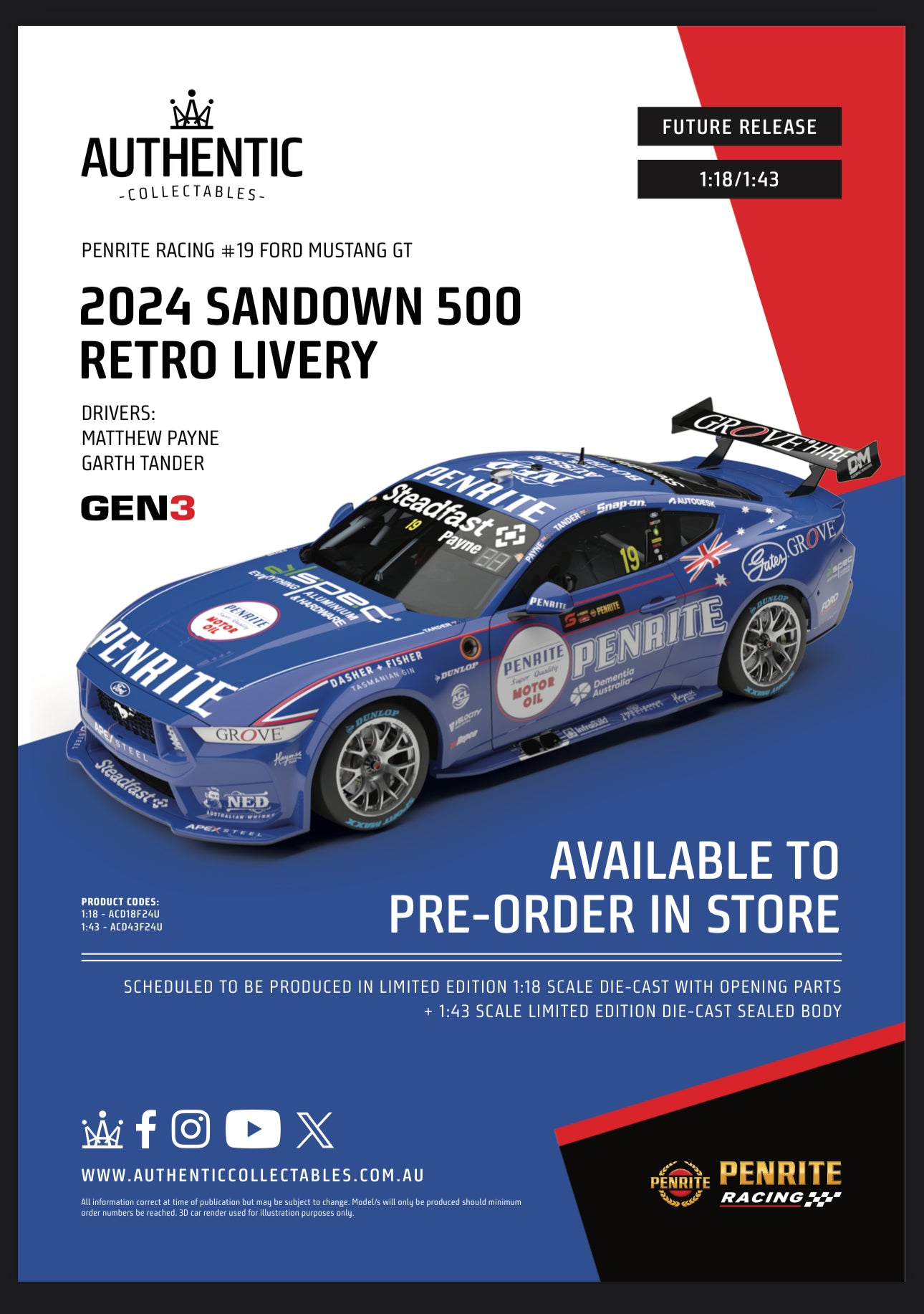 PRE ORDER Authentic - 1:18 Payne Tander 2024 Ford Mustang GT Penrite Sandown