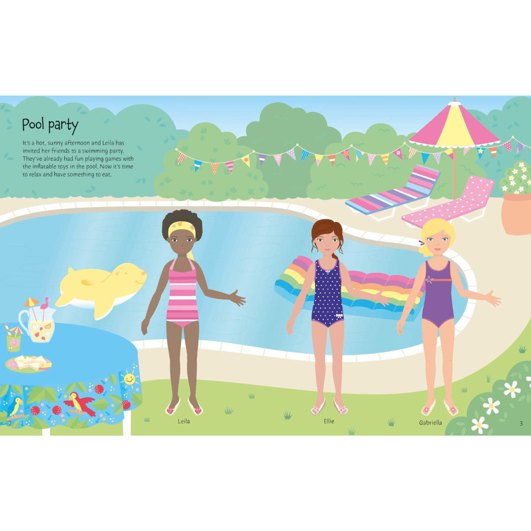 Usborne Sticker book dressing dolls in party themed dress ups - sample page pool party - Toyworld Lismore