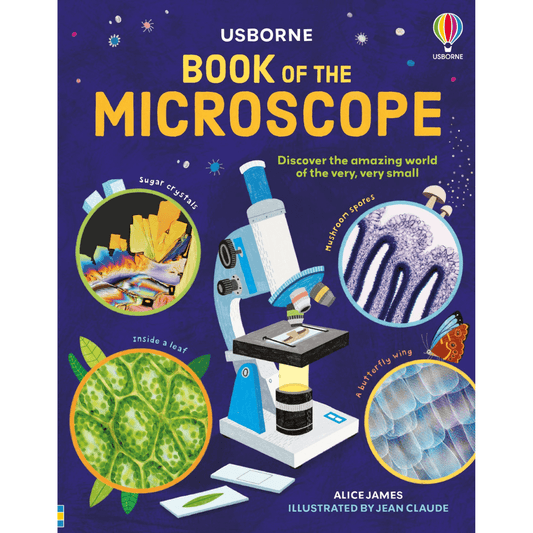 Usborne book about microscopes cover image showing microscope and close up images under microscope toyworld lismore