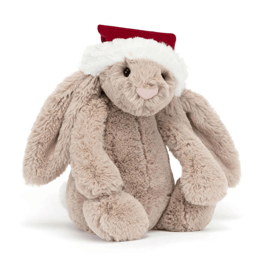 Jellycat classic medium bashful bunny with a red and white santa christmas hat at Toyworld