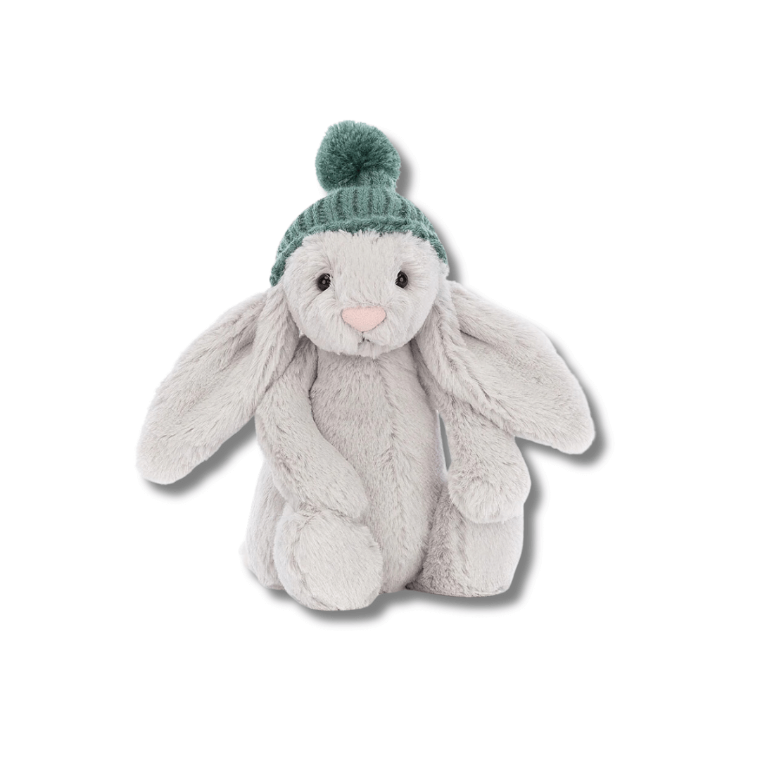 jellycat silver bunny with green beanie toyworld lismore