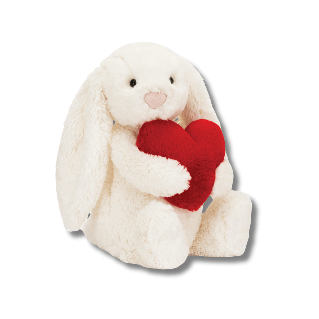 Jellycat white medium bunny carrying a red love heart cushion toyworld lismore