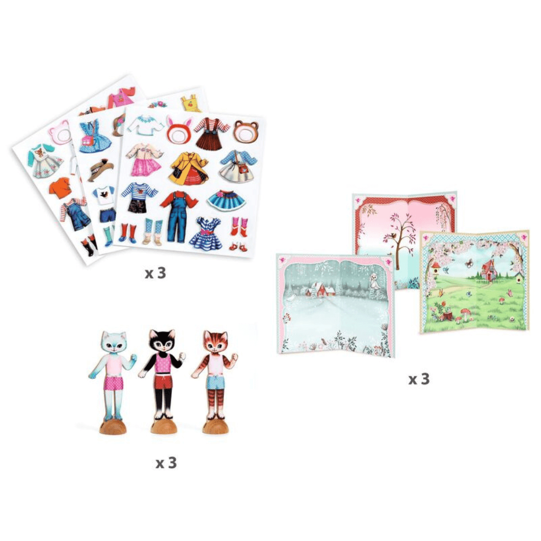 Djeco dress up cats with paper dresses kit showing contents at toyworld lismore