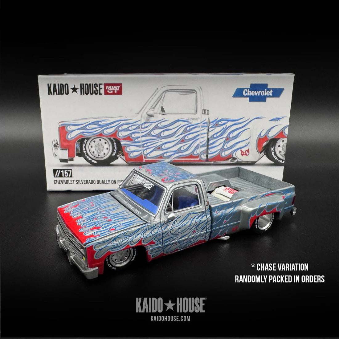 PRE ORDER Mini GT - 1:64 Chevrolet Silverado Dually on Fire V2 Kaido House