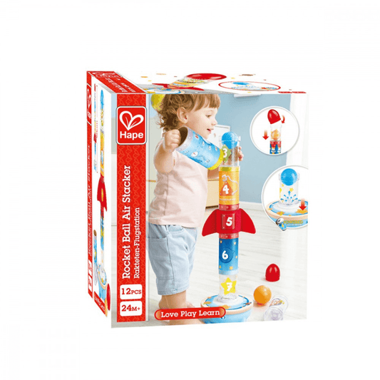 Hape Rocket air stacker  in packaging at toyworld lismore