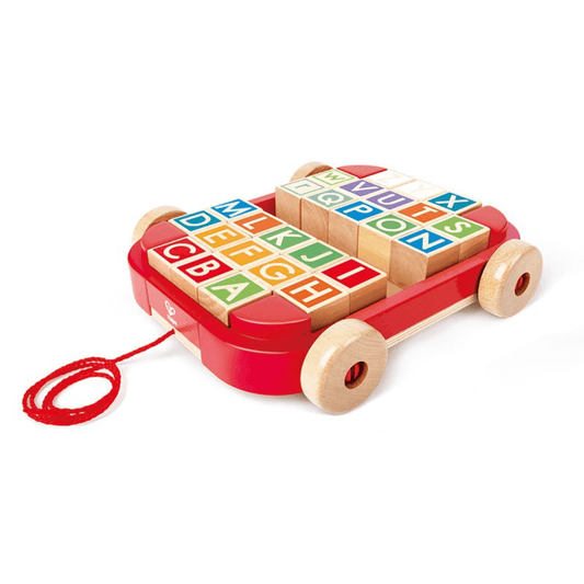 Hape pull along cart with wooden blocks at Toyworld Lismore