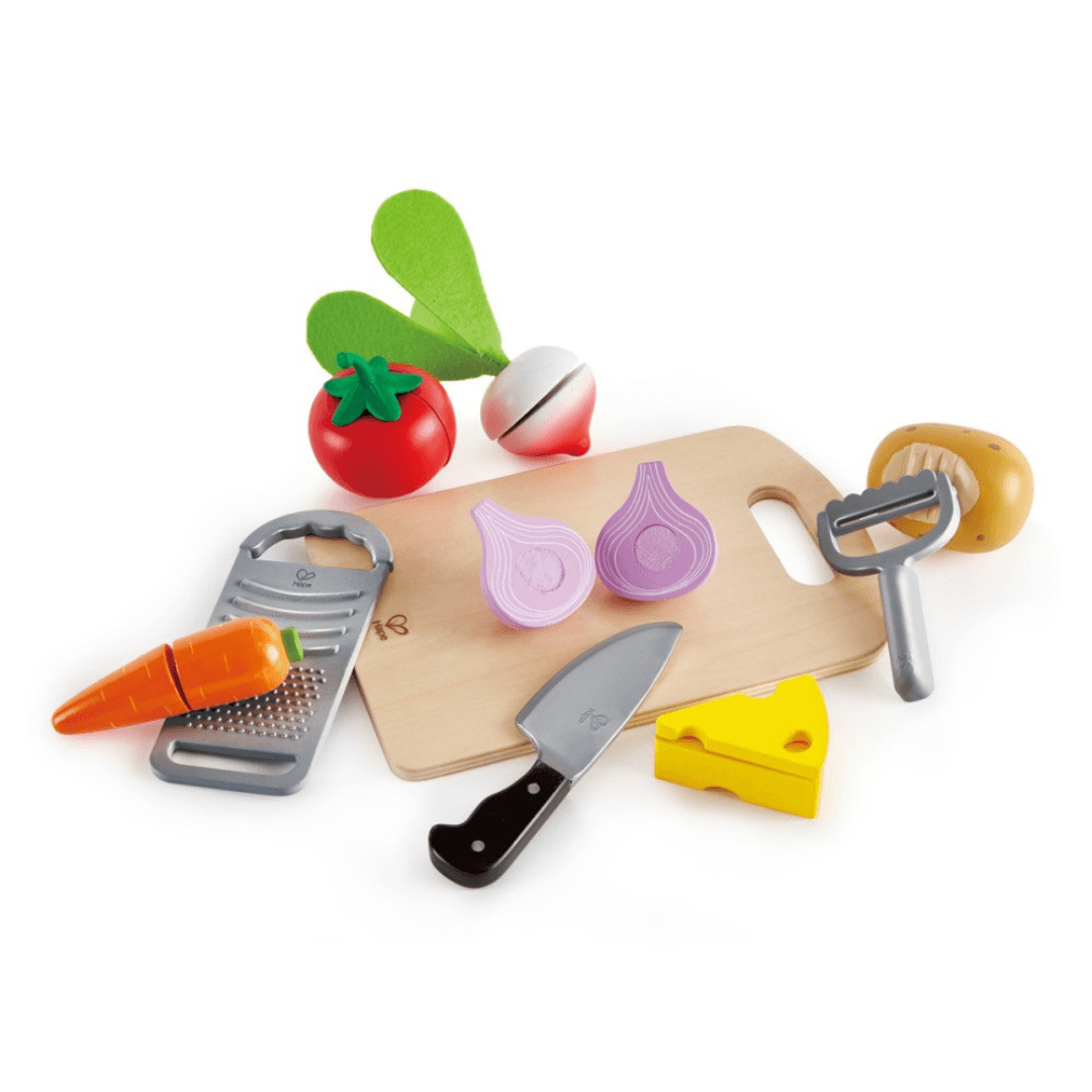 Hape cooking essentials kit with wooden food and pretend utensils for imaginative play Toyworld Lismore