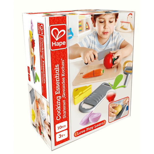 Hape cooking essentials kit with wooden food and pretend utensils for imaginative play in packaging Toyworld Lismore