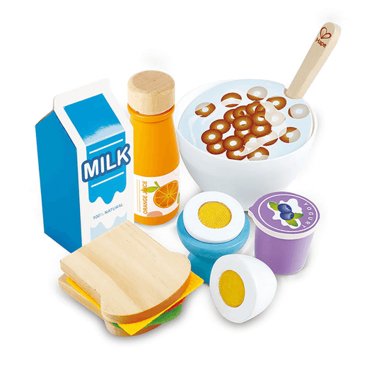 Hape delicious breakfast set eggs, sandwhiches, milk, juice and cereal at toyworld lismore