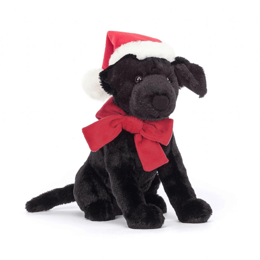 Jellycat Pippa Black Labrador with santa hat and red ribbon soft toy available at Toyworld Lismore, Byron Bay and Ballina