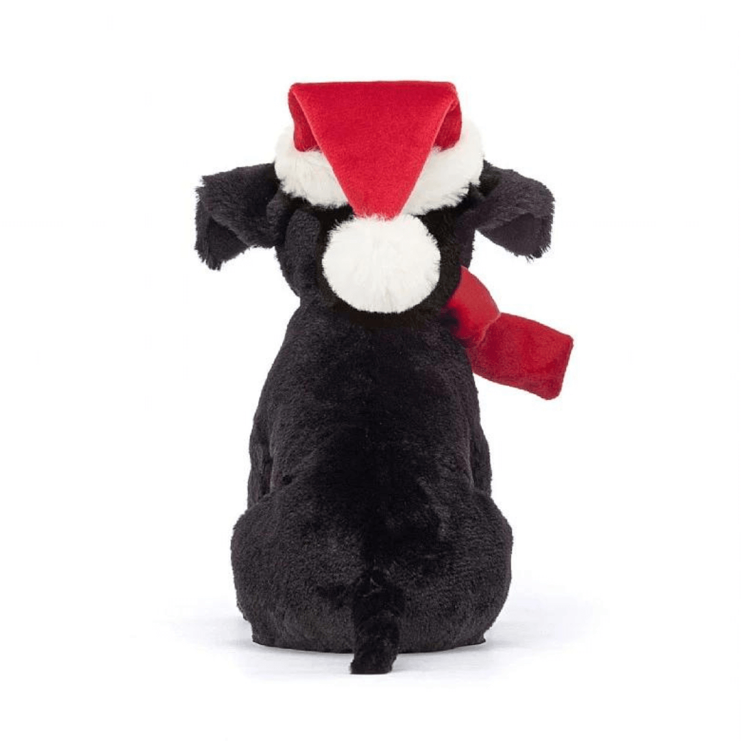 Jellycat Pippa Black Labrador with santa hat and red ribbon soft toy available at Toyworld Lismore, Byron Bay and Ballina