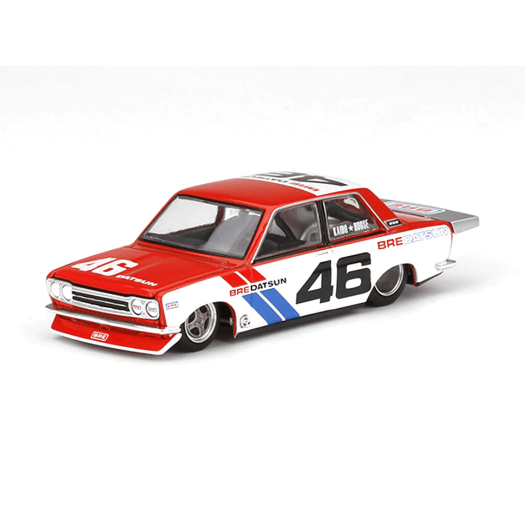 small 1:64 scale Datsun with red top strip and white doors with 46 on the door panels with wheels with 4 spokes
