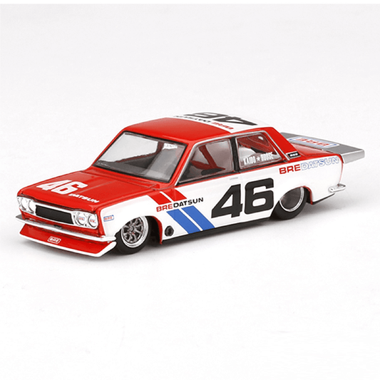 small 1:64 scale datsun red top strip with white doors and number 46 on the door panels